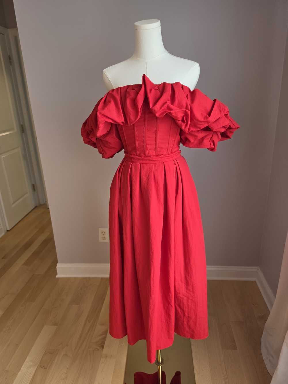 Off-Shoulder Ruffle Midi Dress in Vibrant Red